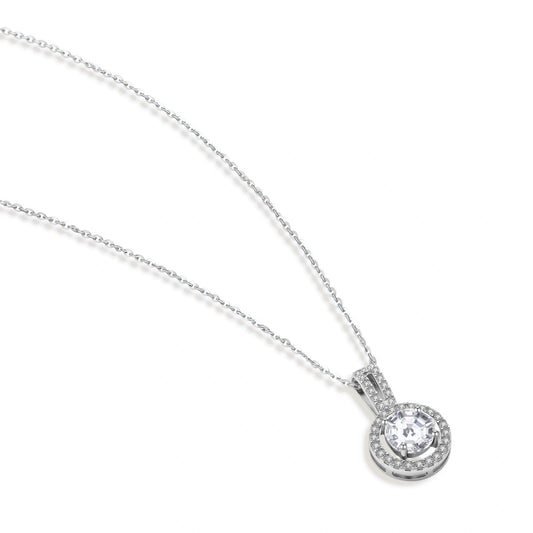 Platinum-plated sterling silver necklace with round halo pendant featuring central crystal surrounded by smaller stones