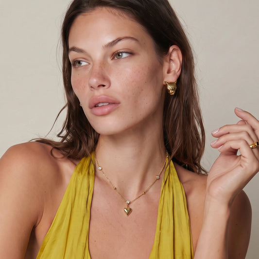 Crystal Heart Charm Necklace - 14K Gold Plated