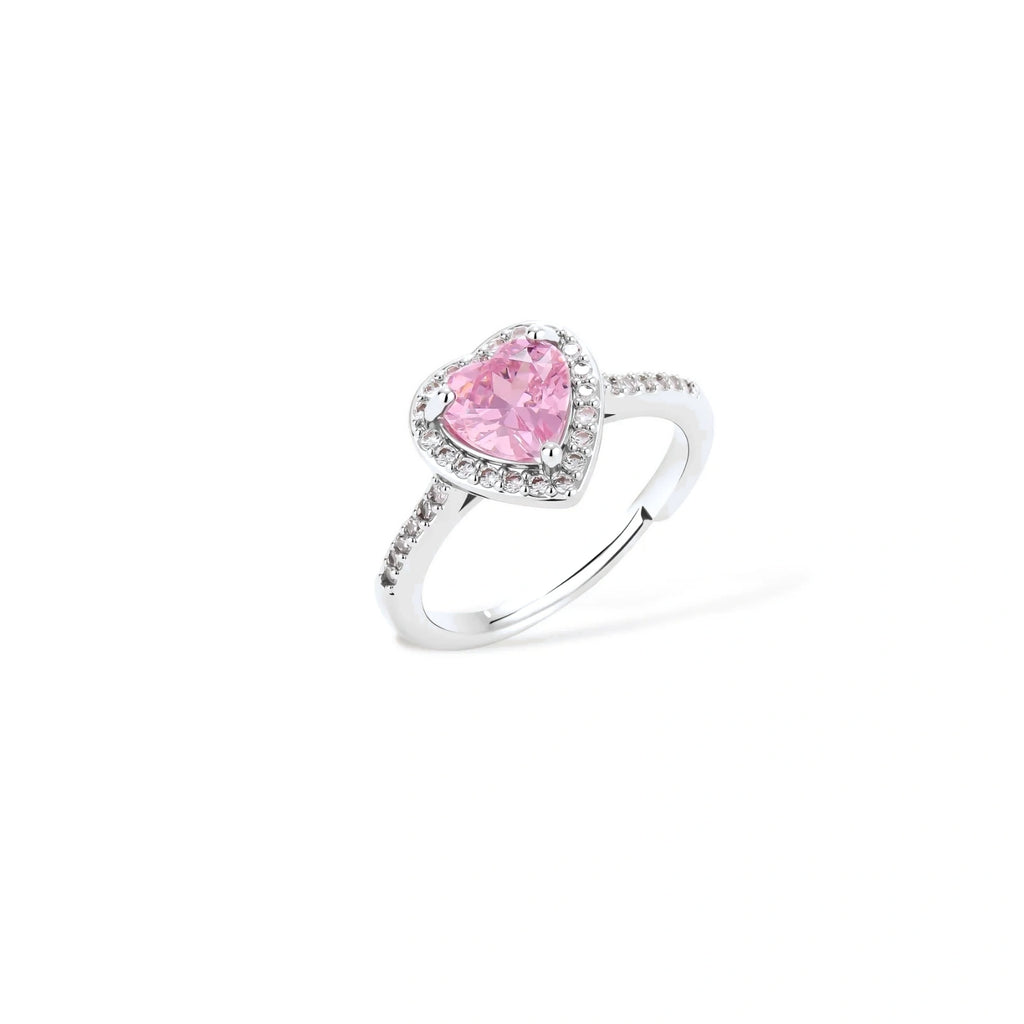 Pink heart-shaped cubic zirconia jewelry set with white gold plating featuring necklace, earrings, bracelet and ring