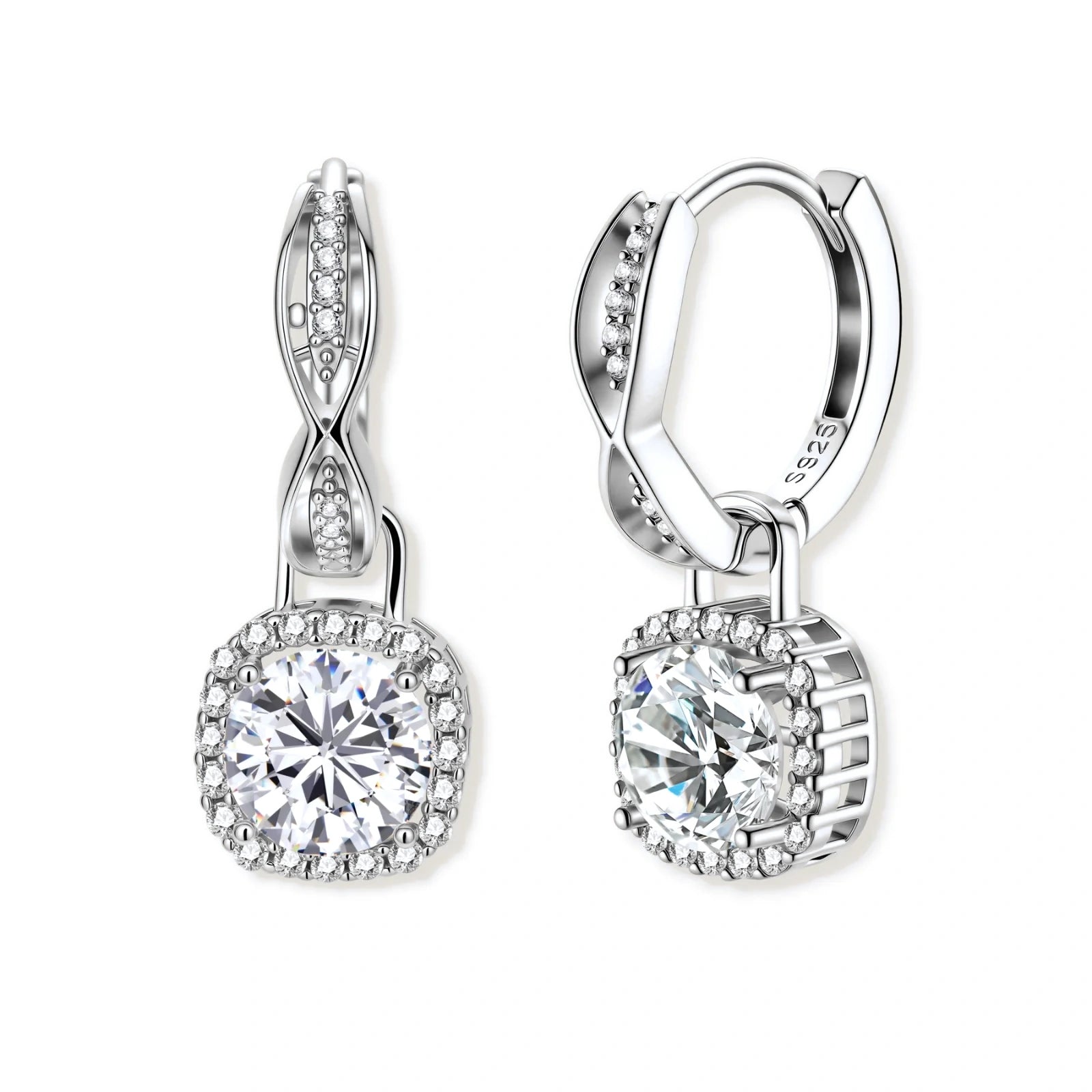 Sterling silver twisted hoop earrings with round moissanite stones in halo settings against neutral background.