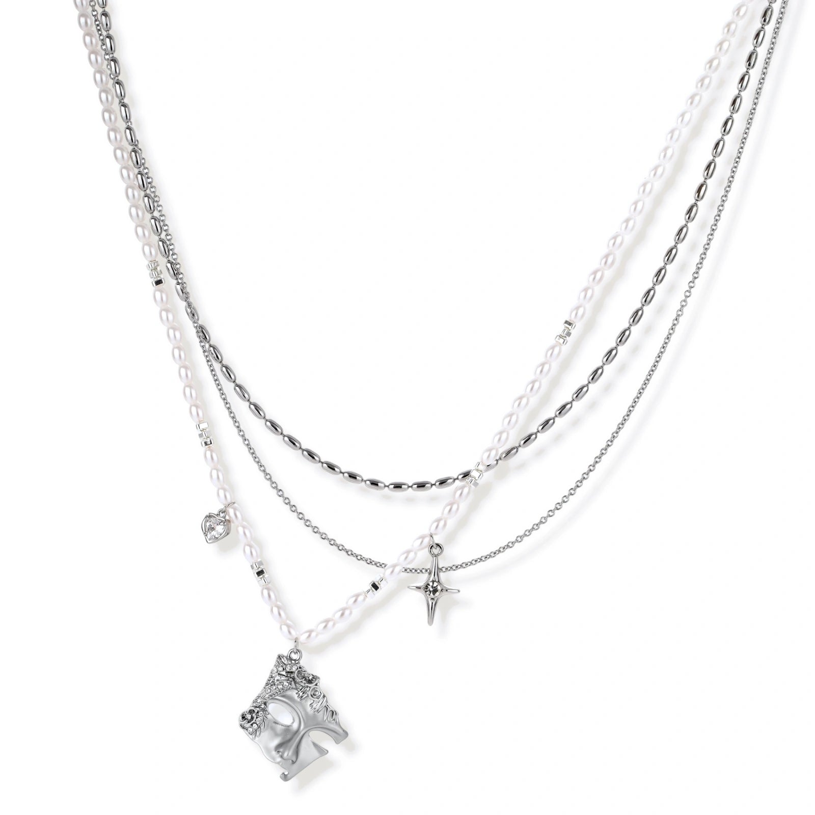 Multi-strand layered necklace set with silver chains, white pearls, star charm, heart pendant, and ornate decorative piece