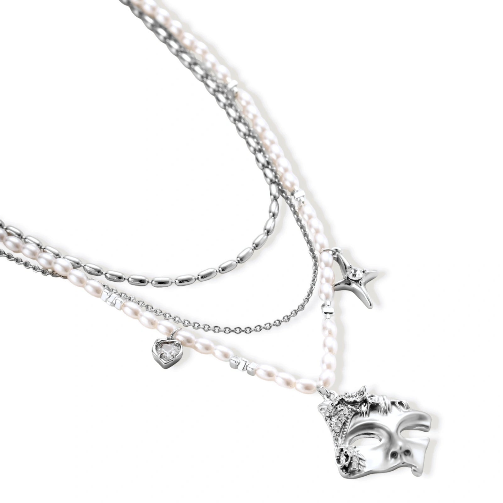 Multi-strand layered necklace set with silver chains, white pearls, star charm, heart pendant, and ornate decorative piece