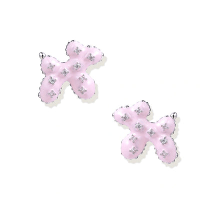 Glossy pink enamel balloon dog stud earrings with crystal details on white gold plated brass, museum-inspired design