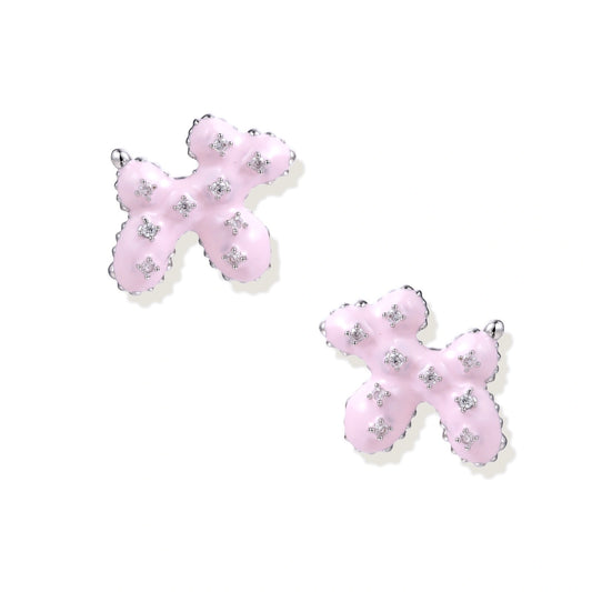Glossy pink enamel balloon dog stud earrings with crystal details on white gold plated brass, museum-inspired design