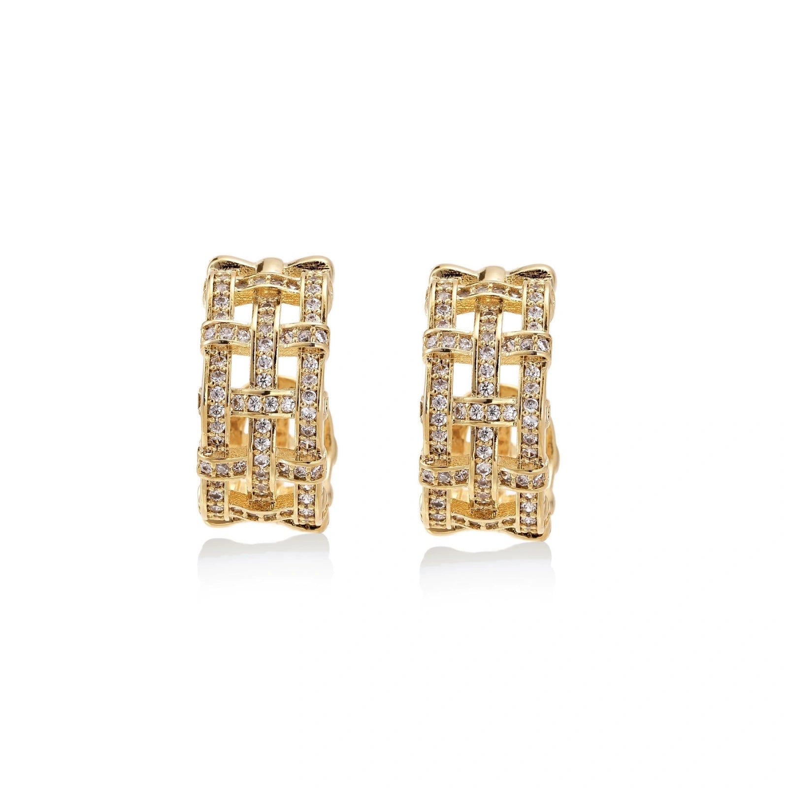 Gold-plated geometric hoop earrings with basket-weave lattice design and pavé crystal accents on cream background