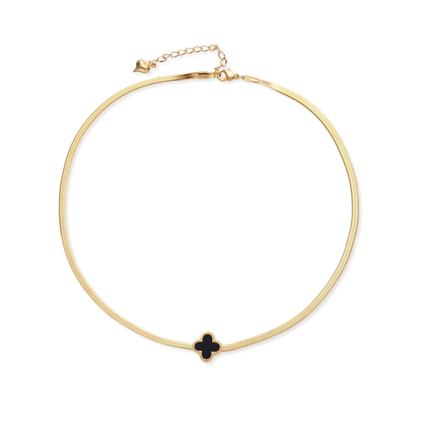 Dainty 18K gold-plated herringbone chain necklace with black enamel quatrefoil clover pendant on white background