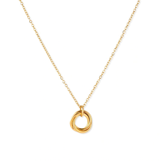 Delicate gold-plated necklace with three interlocking circle rings forming a minimalist knot pendant on cream background