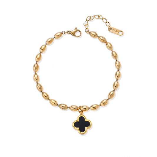 18K gold-plated oval bead chain bracelet with quatrefoil clover charm featuring mother of pearl inlay on cream background