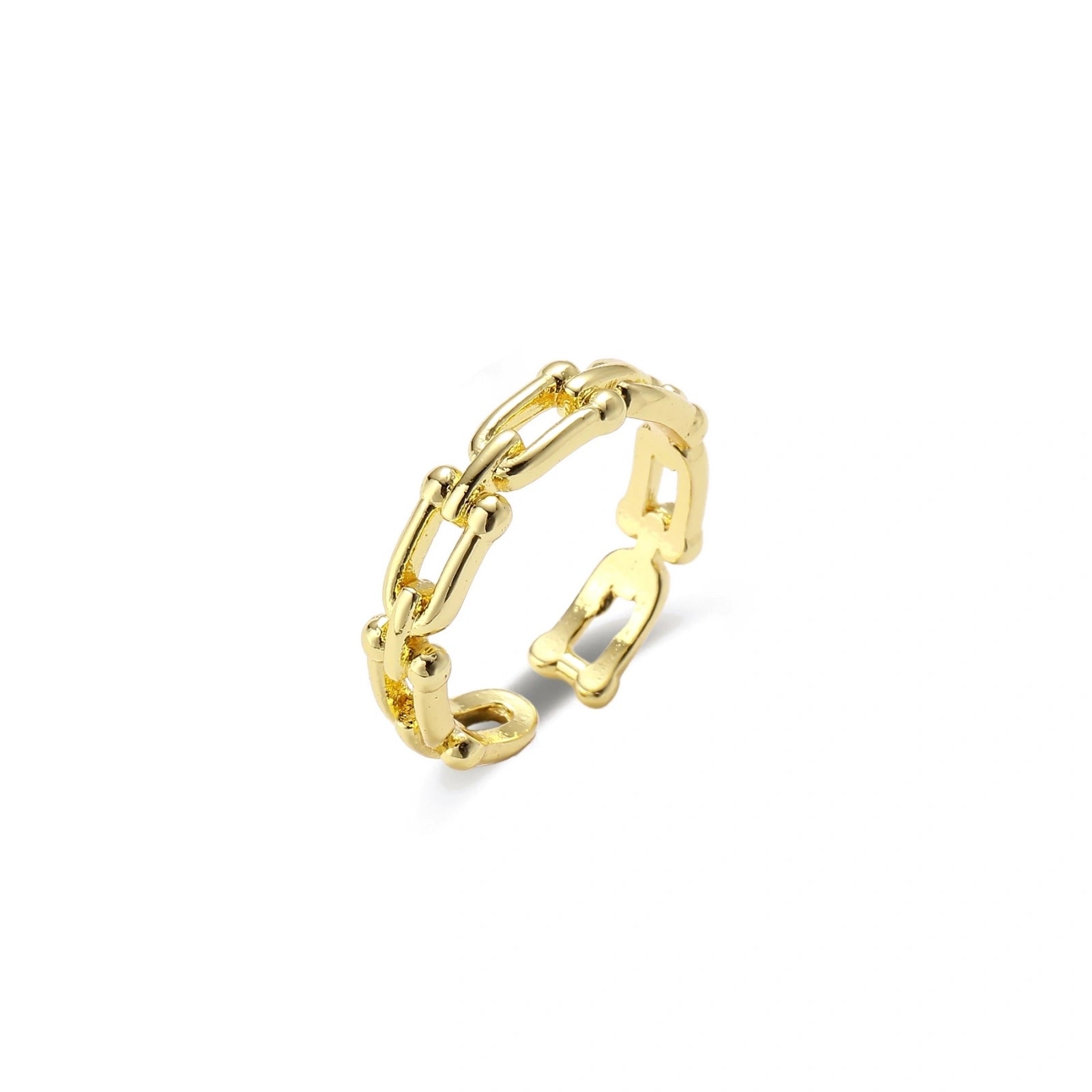 Two adjustable gold rings: chain-link band and halo-style ring with cubic zirconia stones on cream background
