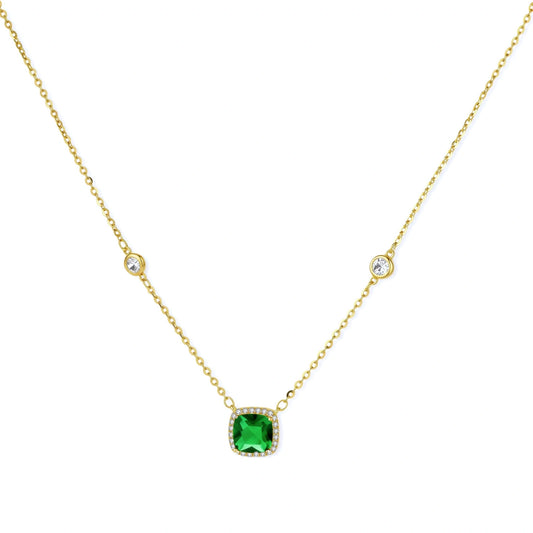 Delicate gold chain necklace featuring square emerald pendant with crystal halo and station accents