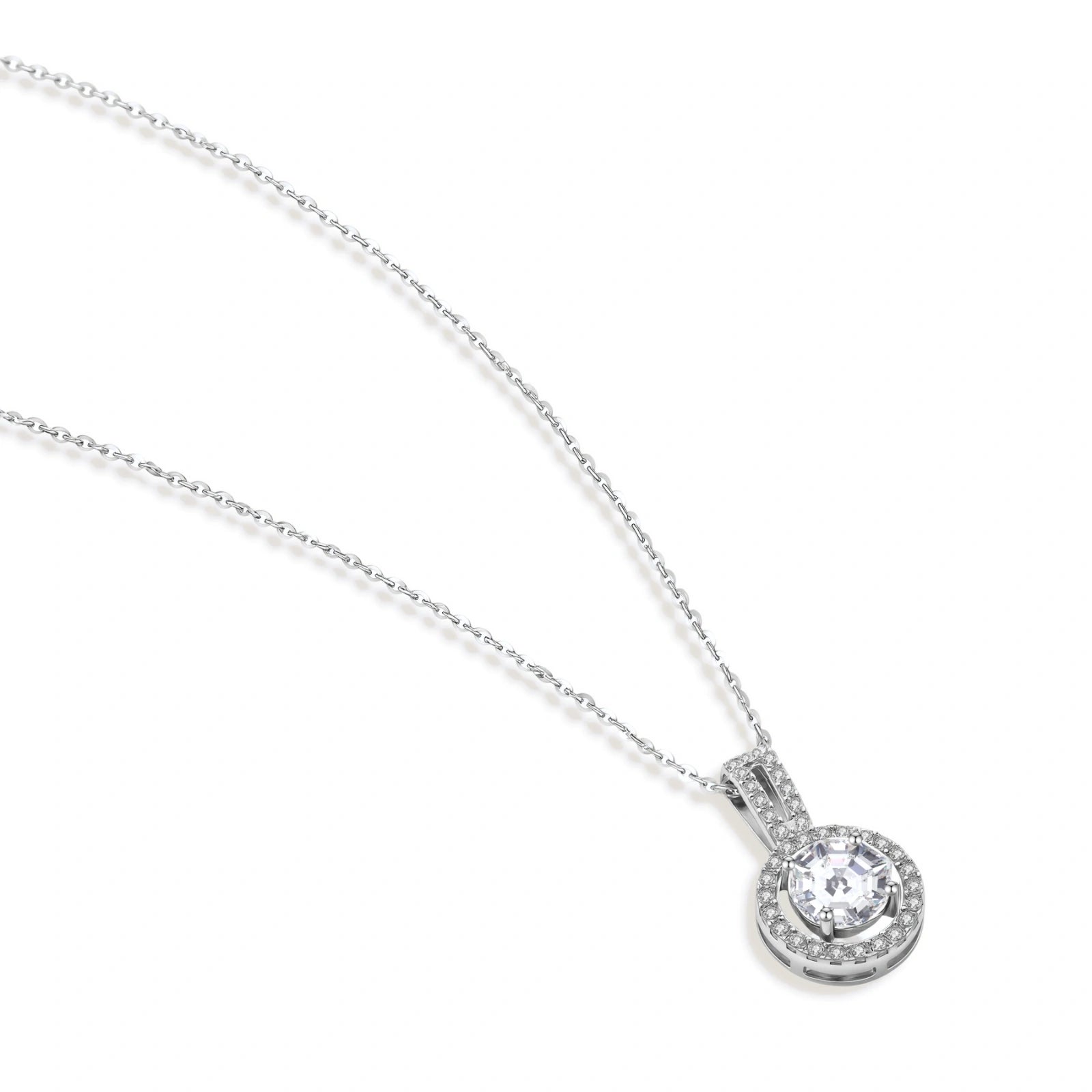 Platinum-plated sterling silver necklace with round halo pendant featuring central crystal surrounded by smaller stones