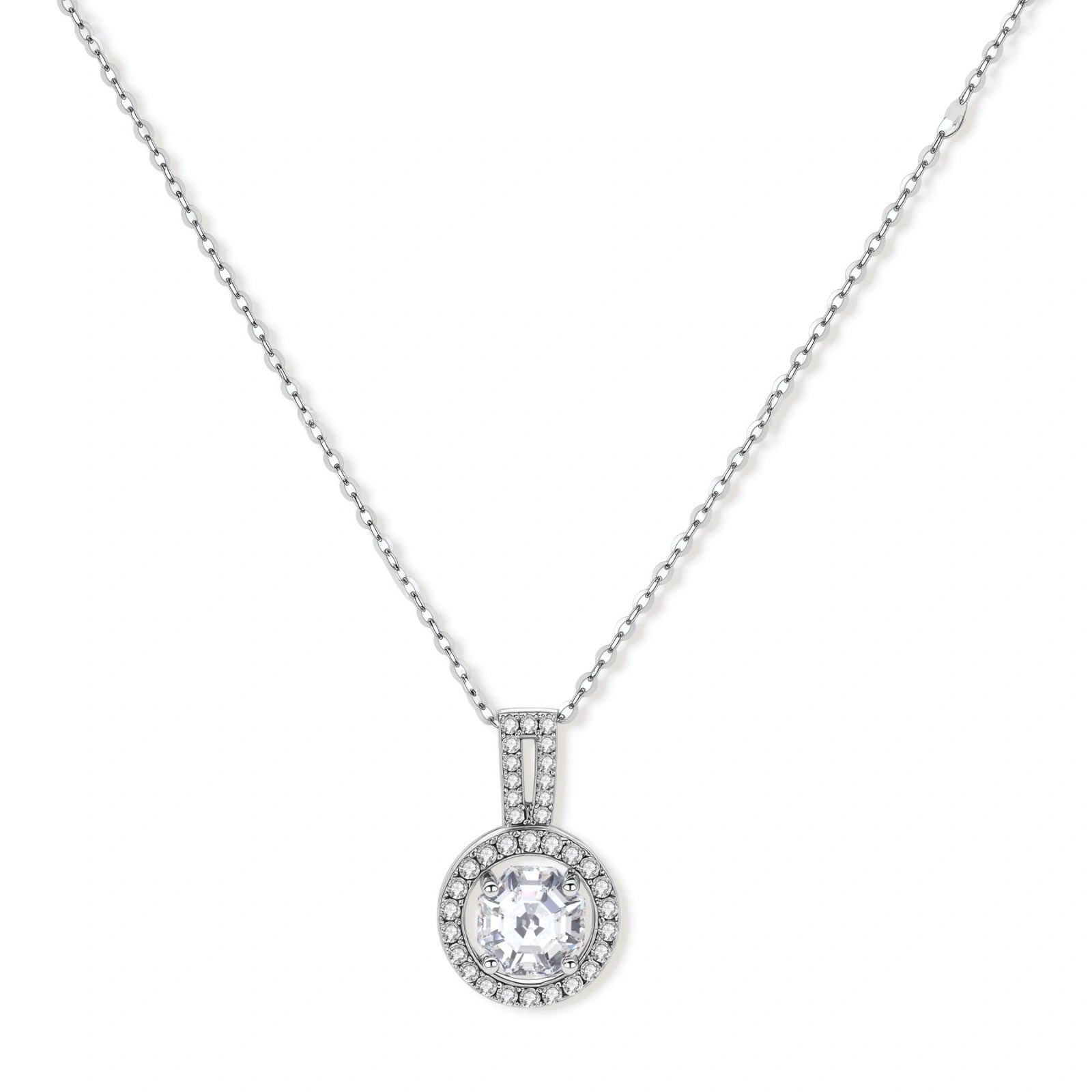 Platinum-plated sterling silver necklace with round halo pendant featuring central crystal surrounded by smaller stones