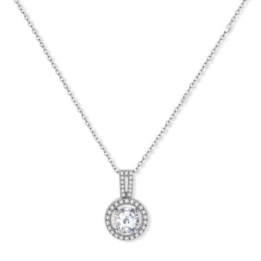 Platinum-plated sterling silver necklace with round halo pendant featuring central crystal surrounded by smaller stones