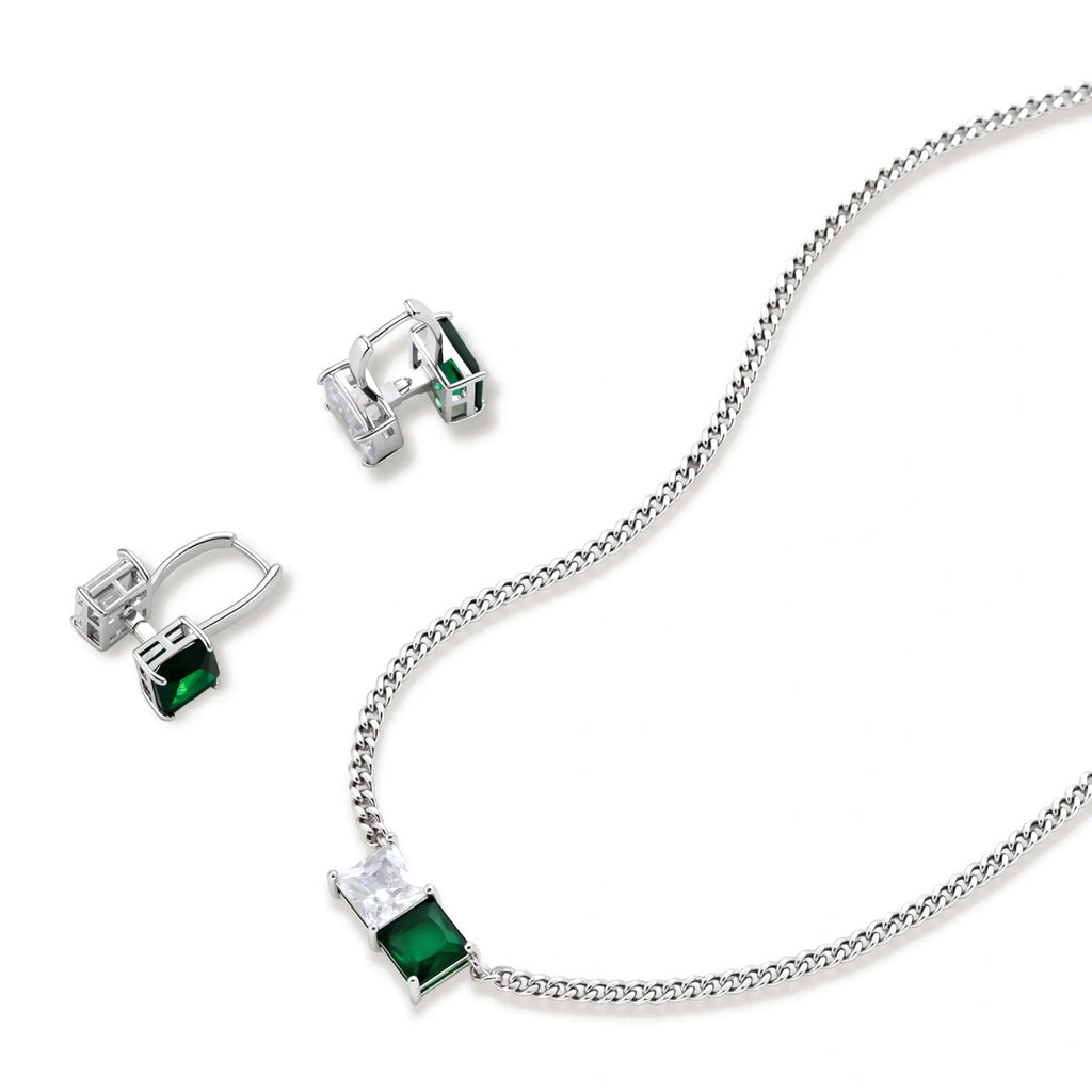 Modern square-cut cubic zirconia jewelry set with white gold plated chain, featuring emerald green or golden yellow stones.