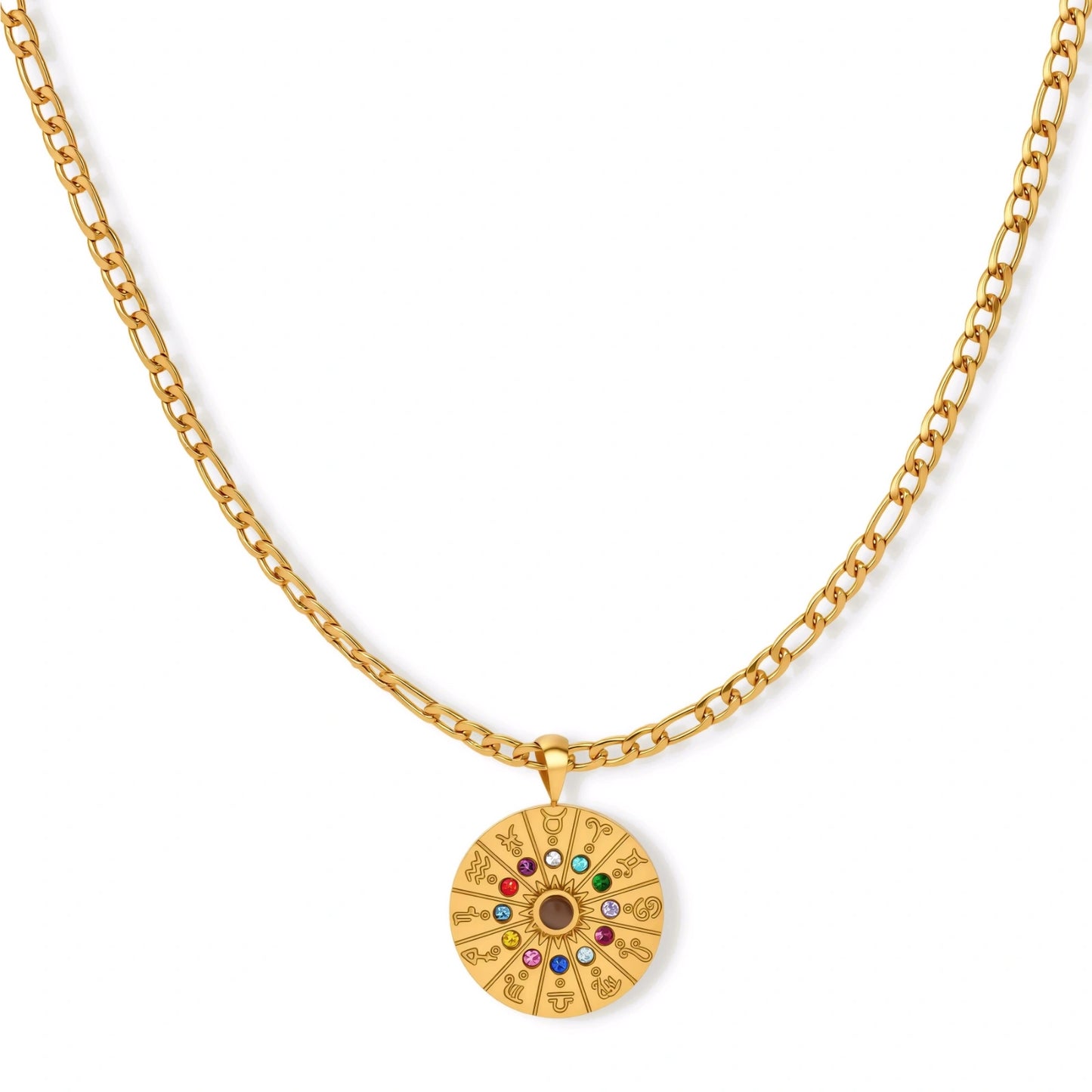 Gold-tone zodiac wheel pendant with 12 colorful cubic zirconia stones on a figaro chain, 18K gold plated stainless steel.