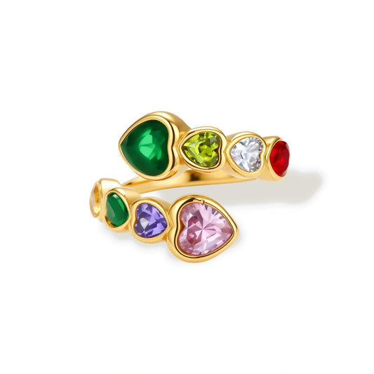 Gold-plated wrap ring with bezel-set multicolor heart-shaped cubic zirconia stones in pink, purple, green, red, yellow, and white.