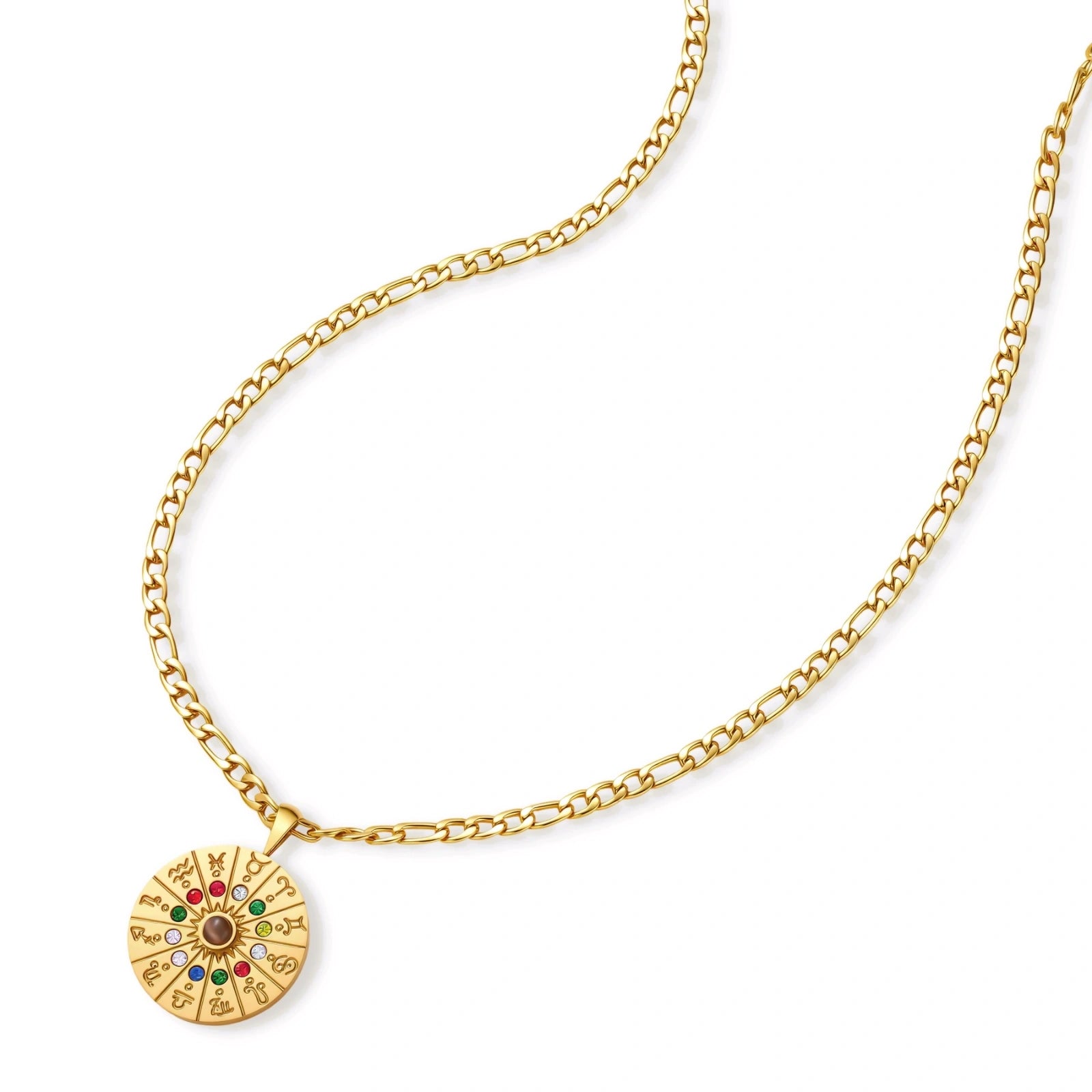 Gold-tone zodiac wheel pendant with 12 colorful cubic zirconia stones on a figaro chain, 18K gold plated stainless steel.