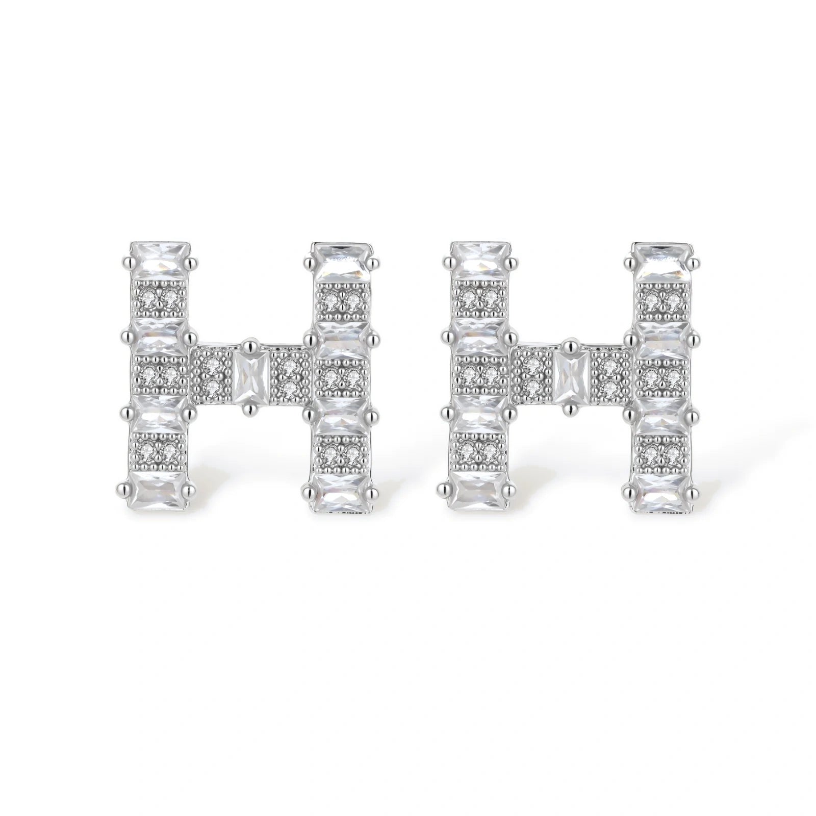 Letter H jewelry set featuring geometric crystal design in gold and white gold plated finish with adjustable chain necklace