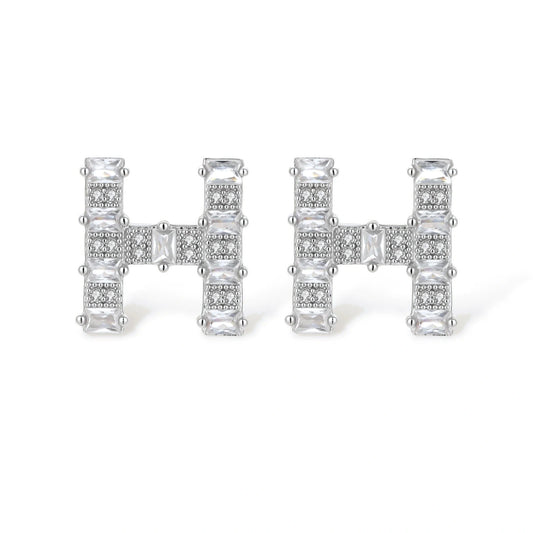 Letter H jewelry set featuring geometric crystal design in gold and white gold plated finish with adjustable chain necklace
