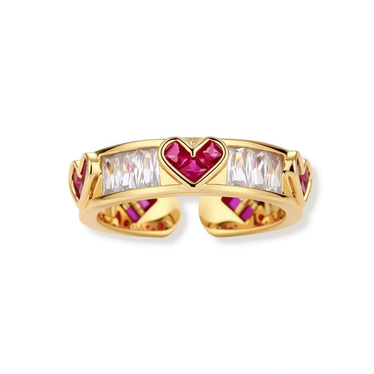 Gold-plated adjustable ring with alternating red heart-shaped and clear rectangular zirconia stones in geometric pattern
