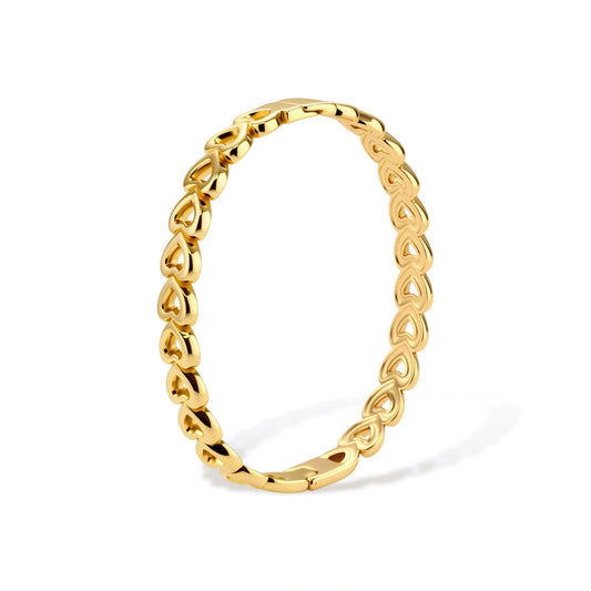 Gold 18K plated stainless steel bangle with continuous open heart links, high-polish finish, on white background.