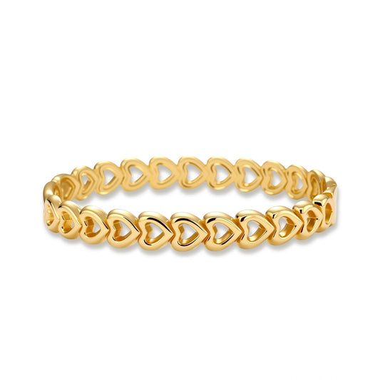 Gold 18K plated stainless steel bangle with continuous open heart links, high-polish finish, on white background.
